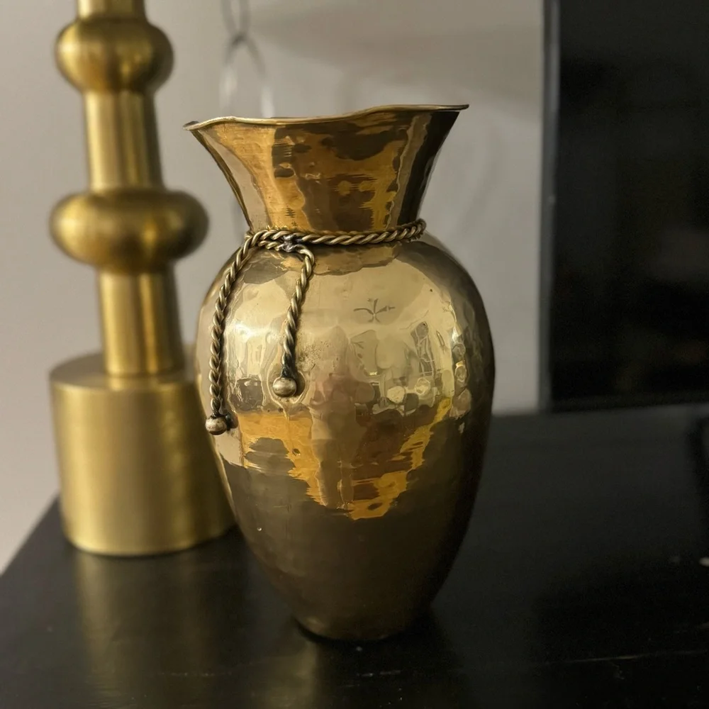 Vintage Large Hammered Brass Vase Ruffled Rim Brass Tassels 11”